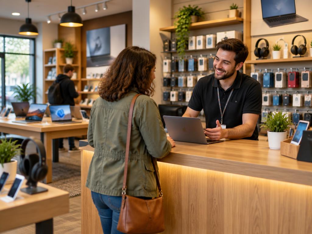 Atención personalizada en el mostrador de un local de tecnología